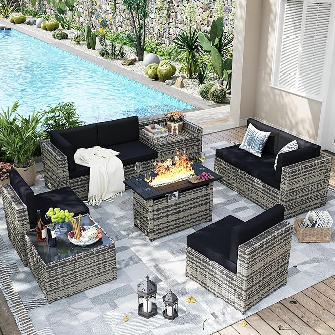 Aoxun 9 Piece Patio Furniture Set with 44” Fire Pit Table, Wicker Outdoor Furniture Set with Storage Box, Patio Sectional Set with Cushions and Waterproof Cover (Grey & Black)