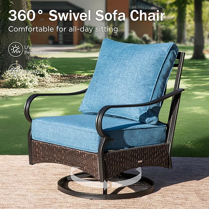 PHI VILLA Outdoor Modern Patio Furniture Set, Upgraded Wicker & Metal Patio Conversation Set with Waterproof Thick Cushions for Porch, Poolside, Yard(5 Pieces,Navy)