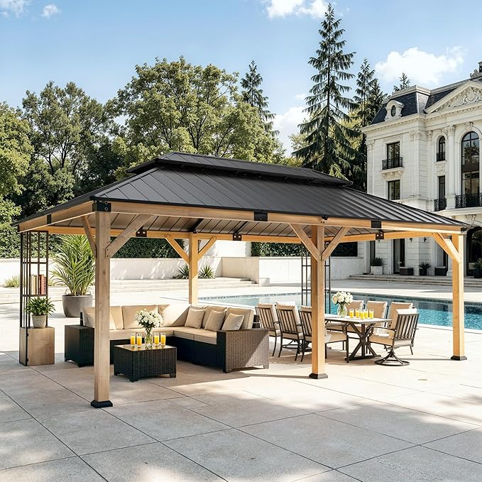 ALAULM 12'x20' Hardtop Gazebo, Outdoor Wood Pergola with Double Metal Roof Metal Corner Frame Shelves Storage,Outdoor Pavilion for Patio, Backyard, Deck,Natural