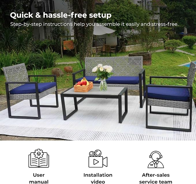 LUMISOL 4 Piece Outdoor Wicker Patio Conversation Furniture Set for Backyard, Wicker Conversation Set Outdoor with Acacia Wood Table Top, Light Gray