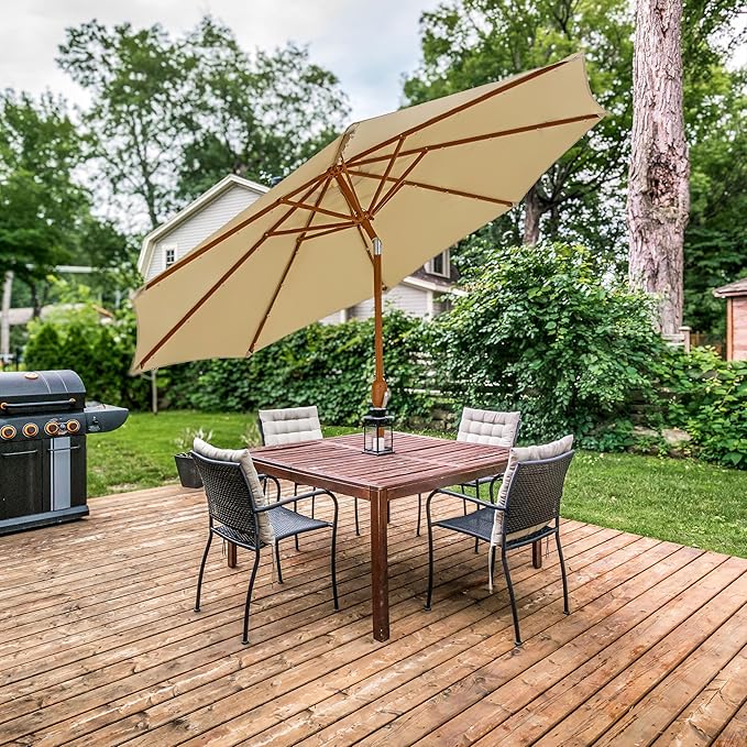 Sunnydaze 8.5 ft Outdoor Patio Umbrella with Push Button Tilt and Crank - Faux Woodgrain Finish - Large Vented Market Umbrella