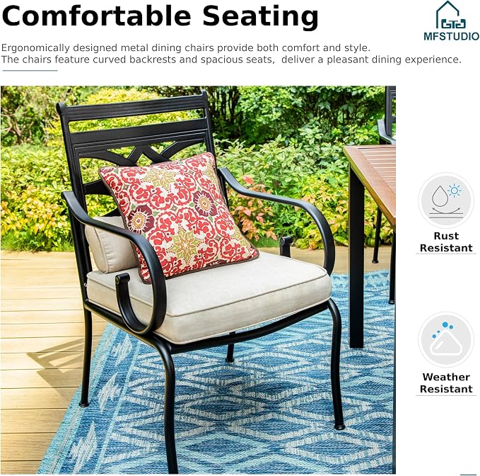 MFSTUDIO 5-Piece Patio Dining Set, 42" Round Metal Table, Fixed Chairs | Umbrella Hole, All-Weather Use