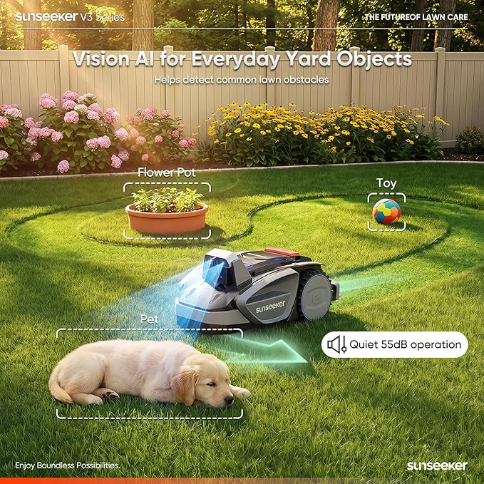 Sunseeker V3 Wireless Robot Lawn Mower for Small Yards, 0.15 Acre/6,400 Sq. Ft., Vision AI Obstacle Detection, One-Click Start, App Control, Auto Recharge, 42% Slope