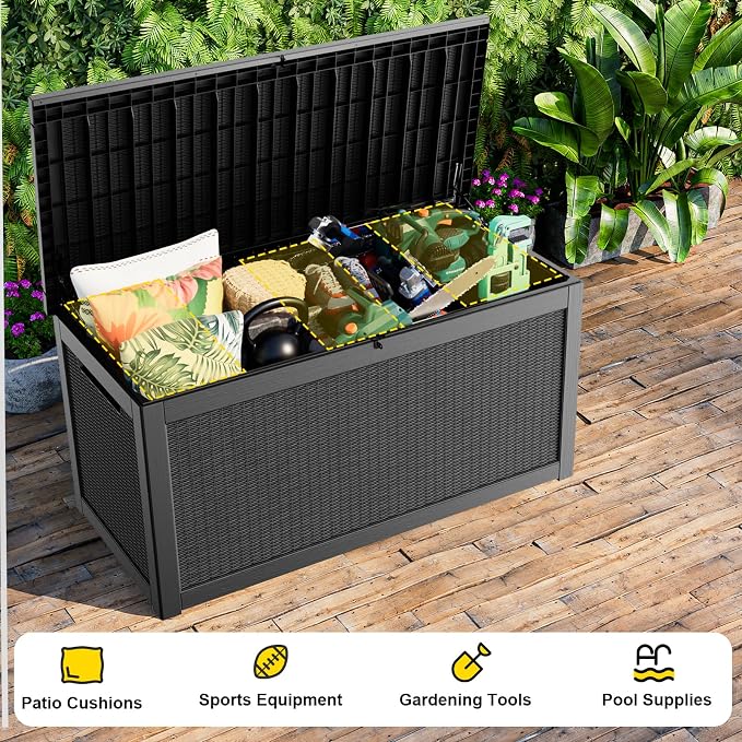 Outdoor Waterproof Resin Storage Deck Box Lockable Outside Bench UV Resistant Bin Patio Porch Furniture Pool Float Garden Tool Cushion (Black, 320 Gallon)