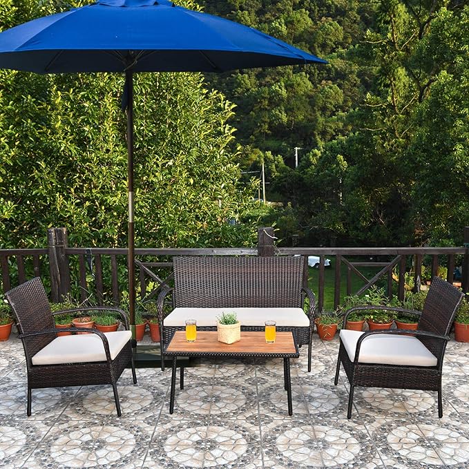 Wicker Conversation 4 Pieces Outdoor Patio Set with Washable Sofa Cushions, Rattan Wi, Brown (As PictureShows)