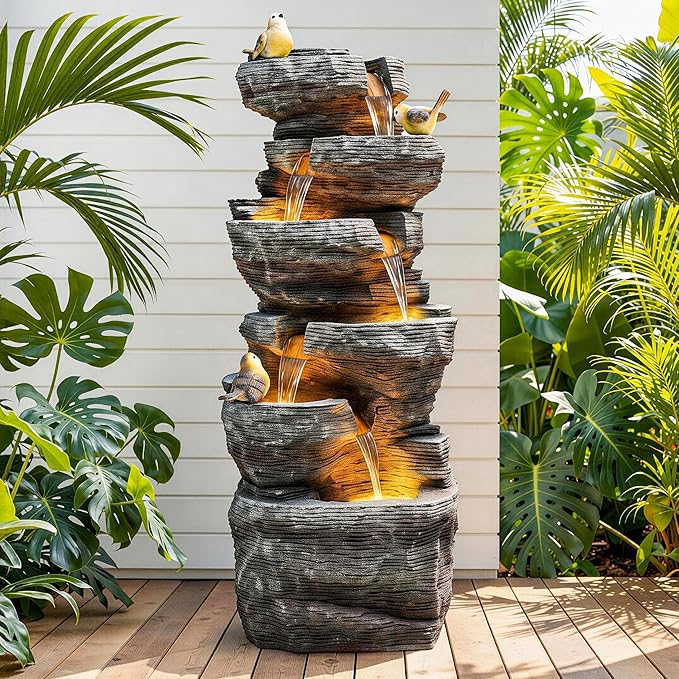40" H Extra-Large Rock Outdoor Water Fountain with LED Lights, 6-Tier Cascading Stone Waterfall with Birds for Garden Patio Porch, Weather-Resistant Polyresin Water Feature for Tranquil Oasis