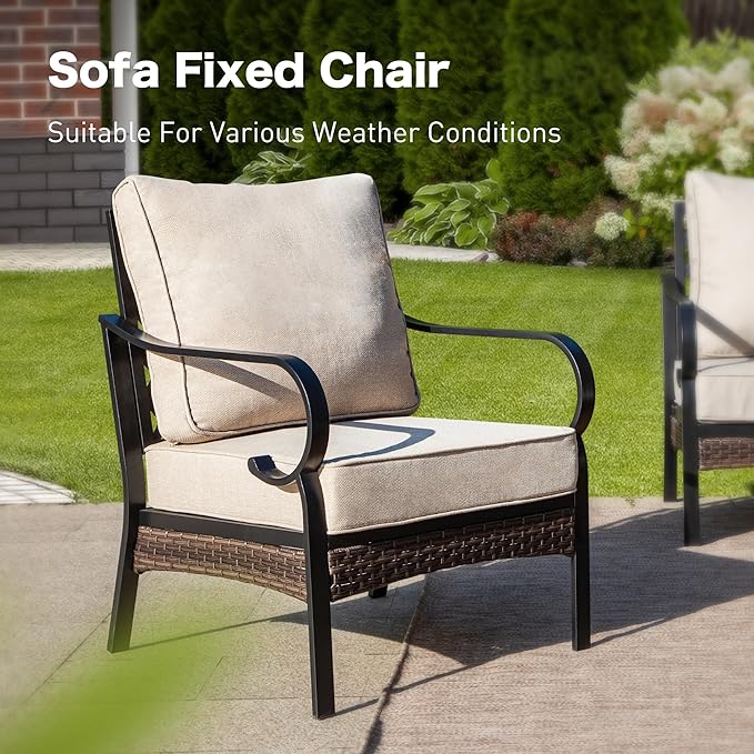 4 Piece Metal Outdoor Patio Furniture Set, Patio Conversation Sets 1 3-Seater Sofa, 2 Chairs with 5.75" Extra Thick Cushion and Coffee Table, Black Frame Backyard Furniture, Beige