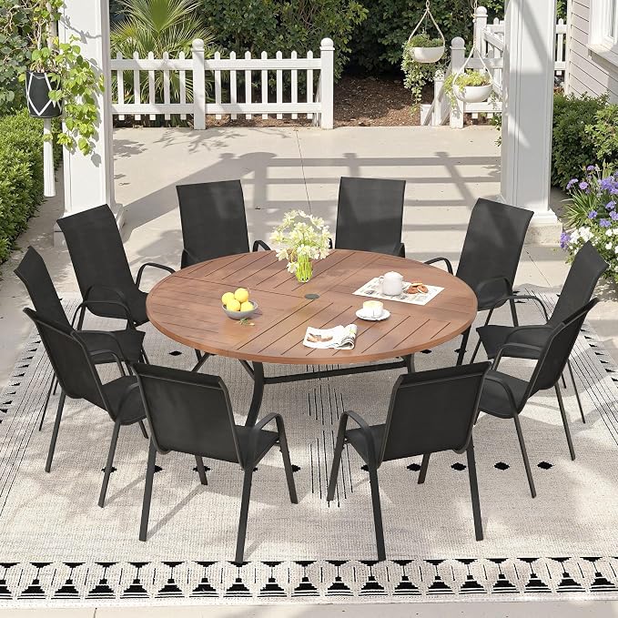 11 Pieces Outdoor Dining Set, 63.1" Spliced Patio Table with Umbrella Hole & Stackable Outdoor Dining Chairs, Patio Furniture Set for Deck Garden Porch, Black Chairs & Walnut Table
