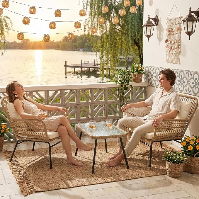 NICESOUL 3 Pieces Boho Small Outdoor Patio Chair Set with Thick Cushion and Glass Table, Rattan Wicker Chair, Bistro Set for Garden Balcony Deck Porch Backyard Apartment, Beige