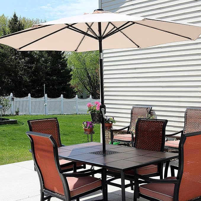 Sunnydaze 9 ft Outdoor Patio Umbrella with Solar Lights - Polyester LED Table Market Umbrella with Push-Button Tilt and Crank - Beige