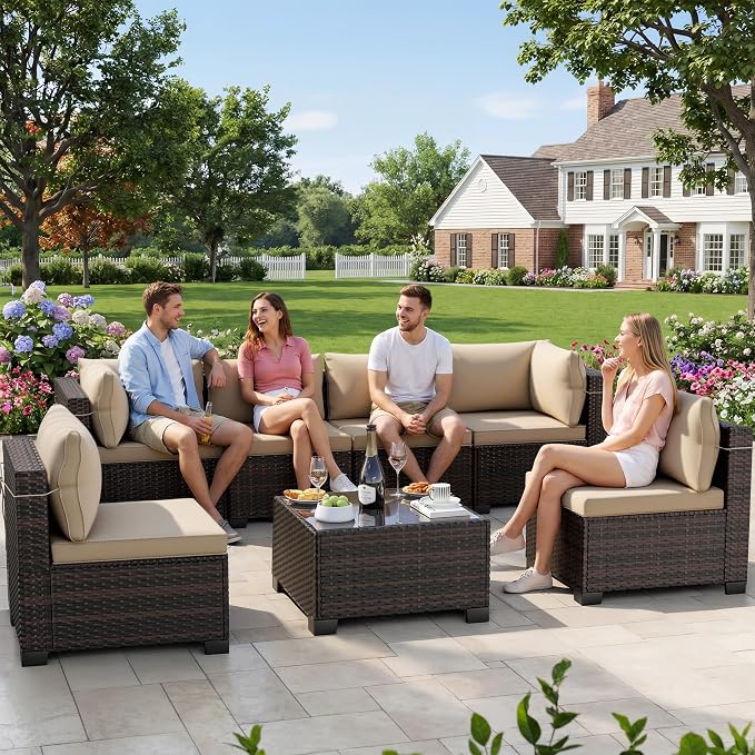 CHABATREE 7-Piece Outdoor Patio Furniture Sets, Manual Weaving Rattan Conversation Sectional Sofa with Tempered Glass Coffee Table, All-Weather PE Wicker & Thick Cushions for Garden, Backyard, Porch