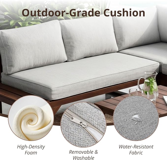 Outvita 4 Piece Wood Patio Furniture, L-Shaped Outdoor Sectional Sofa Set with Coffee Table, Conversation Set with Built-in Side Table, Coffee Table and Gray Cushions for Garden