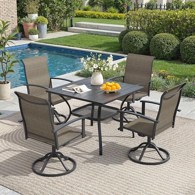 5 Pieces Outdoor Patio Dining Set, 37.8" All Weather Square Metal Table with Umbrella Hole and Storage Shelf, 4 High Back Textilene Swivel Chairs for Garden, Lawn, Black Table & Brown Chairs