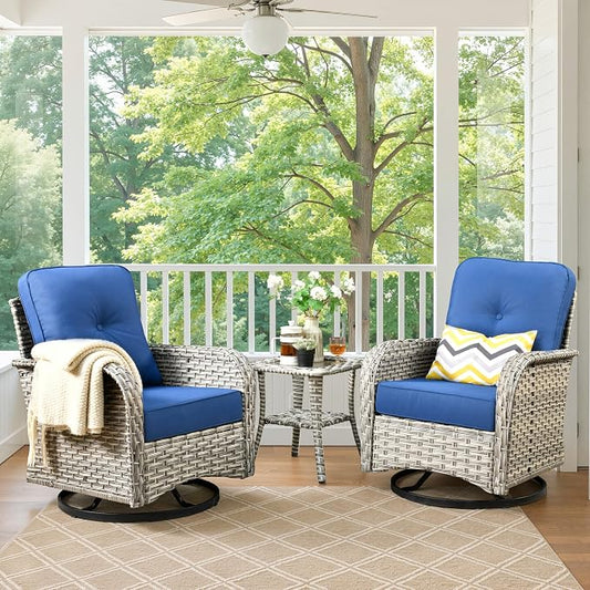 Swivel Patio Chairs Set of 2, Outdoor Wicker Rocker Glider Chair with Coffee Table, Modern Comfy Patio Furniture Sets for Porch Balcony Sunroom, Navy Blue
