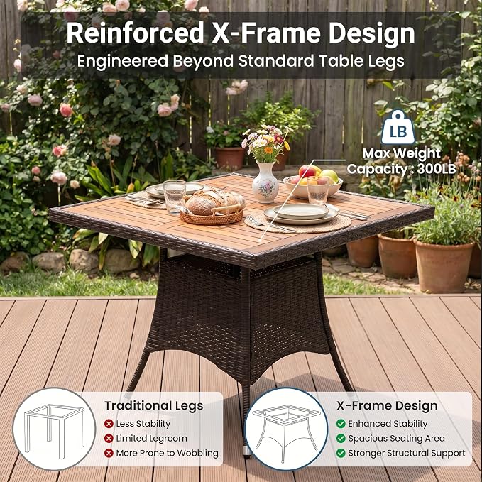 Wisteria Lane 10-Pieces Outdoor Patio Table and Chairs, Rattan Patio Table Set with Acacia Wood Tabletop, Patio Dining Furniture Set for 8 with Removable Cushions for Deck Garden Backyard, Brown