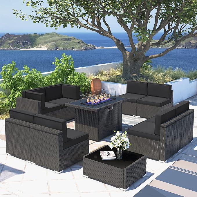 10 Pieces Patio Furniture Set with 44" Propane Gas Fire Pit Table, Outdoor Sectional Wicker Conversation Sofa Sets with Coffee Table