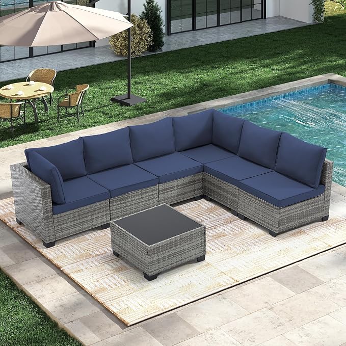 CANMOV 7 Pieces Patio Furniture Sets, All Weather Outdoor Patio Conversation Set, PE Wicker Rattan Sectional Sofa Couch Glass Coffee Table Washable Cushions for Backyard Garden,Poolside, Navy Blue