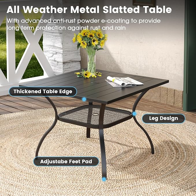 DIFY 5 Pieces Outdoor Dining Table Chair Set, Patio Dining Set with 1 Black Square Curved Legs Table with and Umbrella Hole & 4 Grey Stackable with Armrests Chairs for Lawn, Garden, Porch