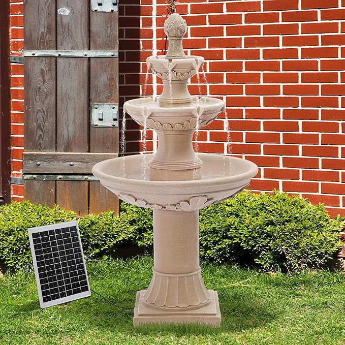 TITIMO 48.4" High Solar Italian Feature Freestanding Water Fountain Outdoor and Indoor,3-Tier Roman Pillar Waterfalls Fountains with Solar Panel for Garden,Patio,Yard,Deck,Backyard,Porch