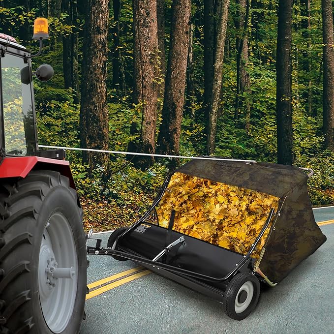 50" Large Capacity Pull Behind Lawn Sweeper with Adjustable Sweeping Height - Leaf & Grass Collector with Dumping Rope Design for Picking Up Grass and Debris