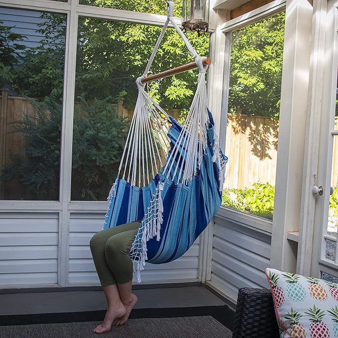 Vivere Cotton Hammock Chair with Hardwood Spreader Bar - 250 lb Capacity (Island Breeze)