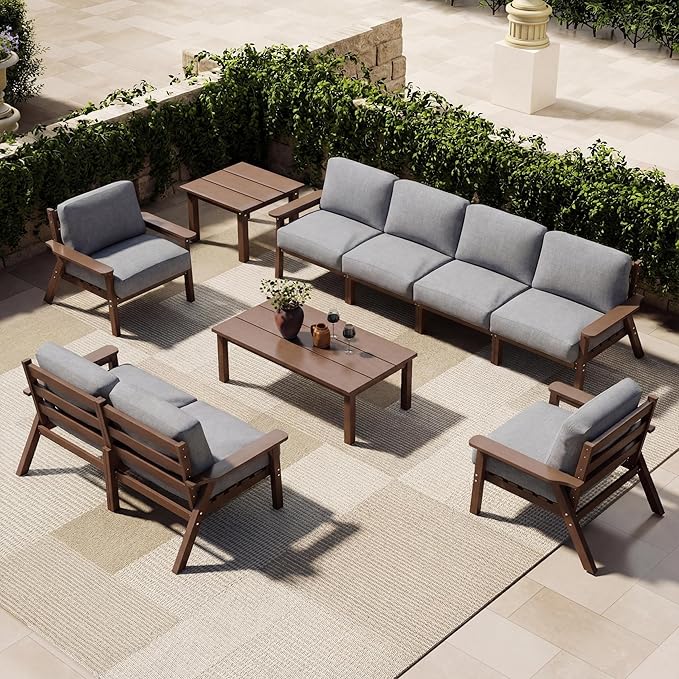 Patio Furniture Set 8 Seats, 4-Seater and 2-Seater Outdoor Sofas with Gray Washable Thick Cushions, Patio Conversation Sets for Lawn, Garden, Porch, Balcony, Deck (Brown Frame)