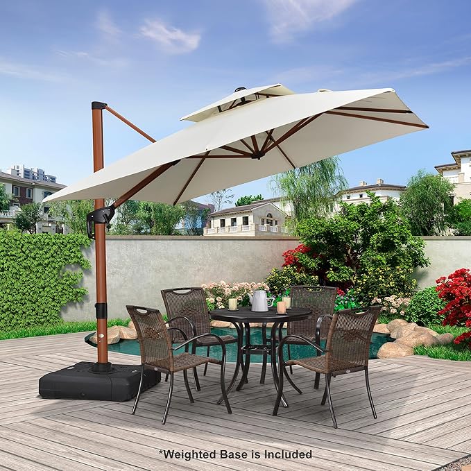 PURPLE LEAF Patio Umbrella with Base Outdoor Square Umbrellas Large Cantilever Umbrella Windproof Offset Heavy Duty Sun Umbrellas for Garden Deck Pool Patio, 9ft Cream