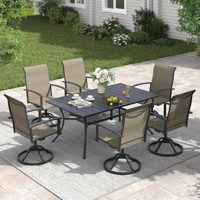 VICLLAX Patio Table and Chairs, Outdoor Dining Set for 6-59" Rectangle Outdoor Table and Swivel Chairs, Mixed Brown Fabric