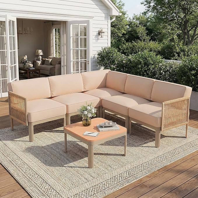 EROMMY 6 Pieces Patio Sectional Furniture Set, Metal Frame Outdoor Conversation Set with 6" Thick Cushions & Coffee Table, All-Weather Sectional Sofa for Poolside, Deck, Backyard, Beige