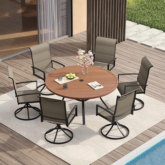 VICLLAX 7 Pieces Patio Dining Set for 6, All Weather Outdoor Furniture - 47.2" Round Patio Table and Swivel Padded Chairs, Walnut Tabletop and Mixed Brown Fabric