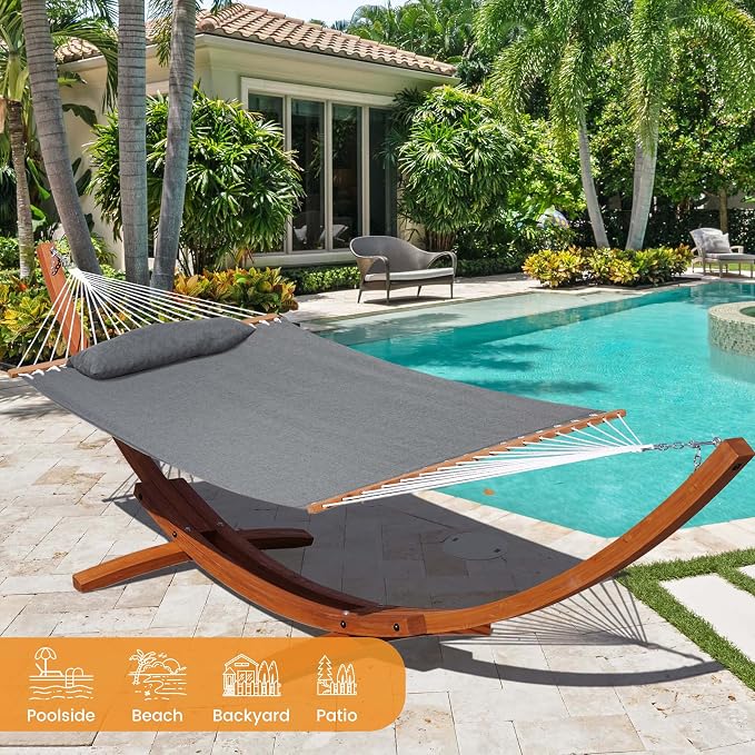 Lazy Daze Hammocks Sunbrella Fabric Hammock with 13FT Wood Arc Stand, 2 Person Outdoor Hammock Combo with Free Pillow, All Weather & Fade Resistant, for Indoor Patio Yard, 450 lbs Capacity, Cast Slate