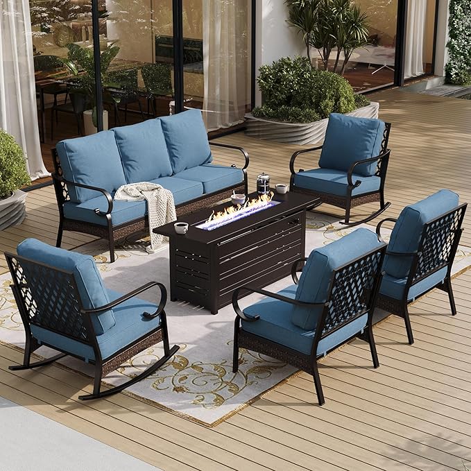 6 Piece Metal Outdoor Patio Furniture Sets with Firepit Table, Patio Conversation Sets 1 3-Seater Sofa, 2 Leg Sofa and 2 Rocking Chair with 5.75" Cushion for Backyard Deck, Denim Blue
