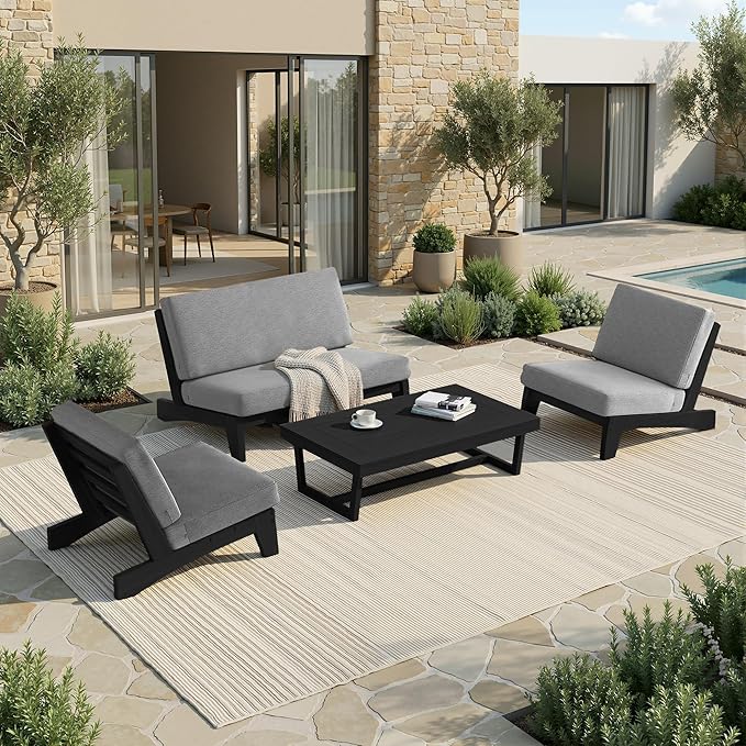 UIXE 5 Pieces Black Wood Patio Furniture Sets, 2 Patio Loveseat, 2 Patio Bistro Chair, All Weather Outdoor Sectional Sofa Furniture Backyard Conversation Set with Coffee Table - Gray