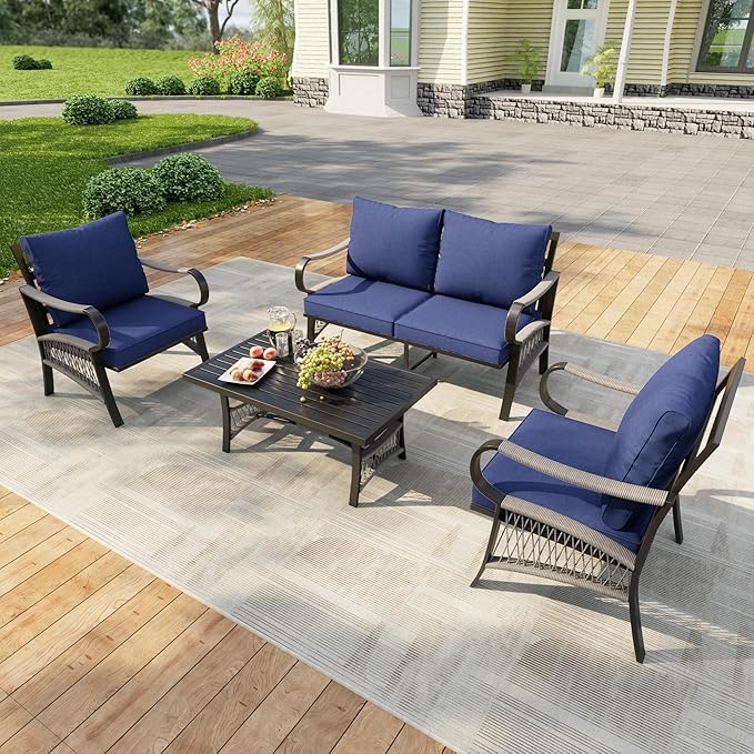 4 Pieces Patio Furniture Set, Metal Outdoor Conversation Sets with Coffee Table, Modern Couch Sofa Set Includes Single Chairs and Loveseat Seating Group (Thick Blue Cushions)