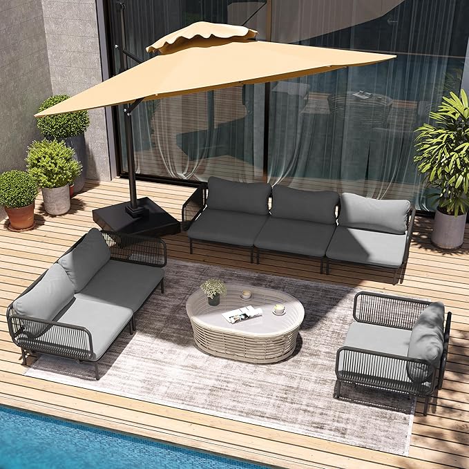 6-Piece Patio Furniture Set, 31" Oversized Outdoor Sectional Sofa with Olefin Woven Rope, Weather-Resistant Metal Frame Conversation Set for Backyard, Garden, Poolside - Dark Grey