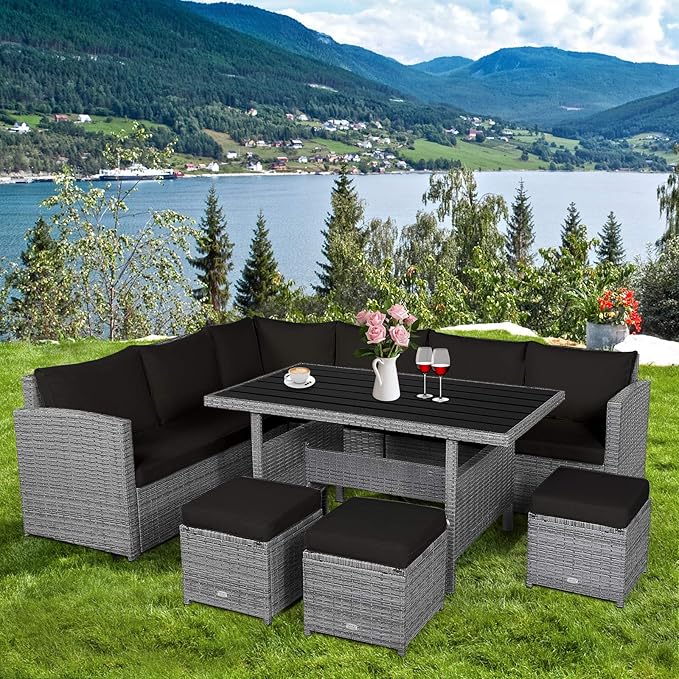 RELAX4LIFE 7 PCS Wicker Patio Furniture Set, Outdoor Rattan Sofa Set with Dining Table & Ottomans Soft Cushions for Backyard Garden Poolside Balcony, Sectional Conversation Couch Set (Black)