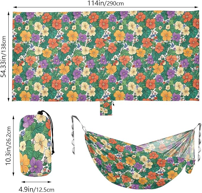 Camping Hammock Outdoor Hammocks for Outside Tropical Flowers Beach Trees Portable Lightweight with Pockets Tree Straps Indoor