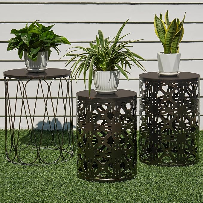 Y&M Set of 3 Metal Round Patio Side Tables, Multifunctional Coffee Table End Table for Indoor & Outdoor Garden Stool Modern Design - Black with Bronze