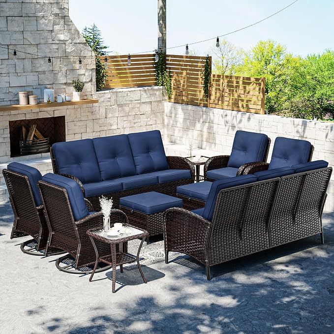 Joyside Wicker Patio Furniture Set, 10 Piece Outdoor Furniture Set with Thickened Cushions, High Back, Deep Seating, Wide Armrest, Outdoor Swivel Rocker Chairs for Porch, Deck