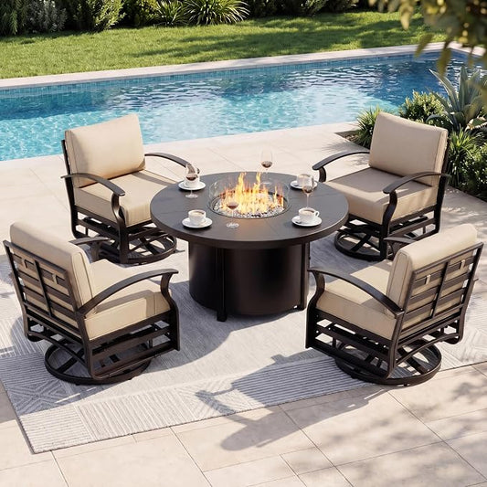 Aluminum Outdoor Patio Furniture Set,5 Pieces 4 Seats Patio Conversation Sets with 48" Round Propane Fire Pit Table,Metal Furniture Set with Thick Cushion,Sand