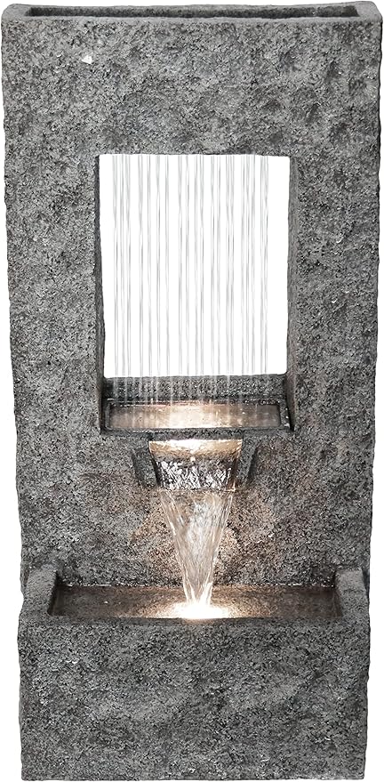 Hi-Line Gift Ltd. 32" H Rectangular Waterfall Fountain with Warm White LEDs, Gray
