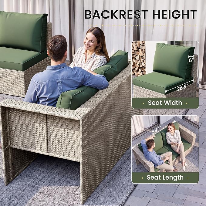 Amopatio 7 Pieces Patio Furniture Set with Fire Pit Table, All-Weather Wicker Outdoor Conversation Sofa Set with Glass Coffee Table, Cushions & Ottomans for Deck Backyard Porch Lawn Green