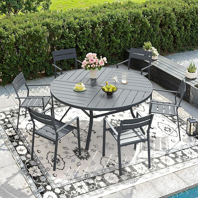 DIFY 7 Piece Outdoor Patio Dining Set for 6, 50" Round Dining Table with Umbrella Hole and Stackable Metal Chairs, Patio Table and Chairs Set for Backyard Garden Poolside, Grey