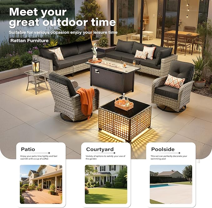 11 Pieces Outdoor Sectional Patio Furniture Set with 54" Fire Pit,Wicker Conversation Sets Rattan L Shaped Couch Swivel Rocking Chairs,Modular Outdoor Sofa for Porch Balcony Backyard Black