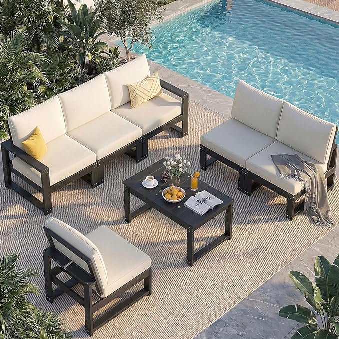 Patio Furniture Set, HDPE Sectional Outdoor Conversation Sets, 7-Piece Outdoor Couch Set with Deep Cushions, All-Weather Patio Sofa Set for Garden, Backyard, Porch, Black