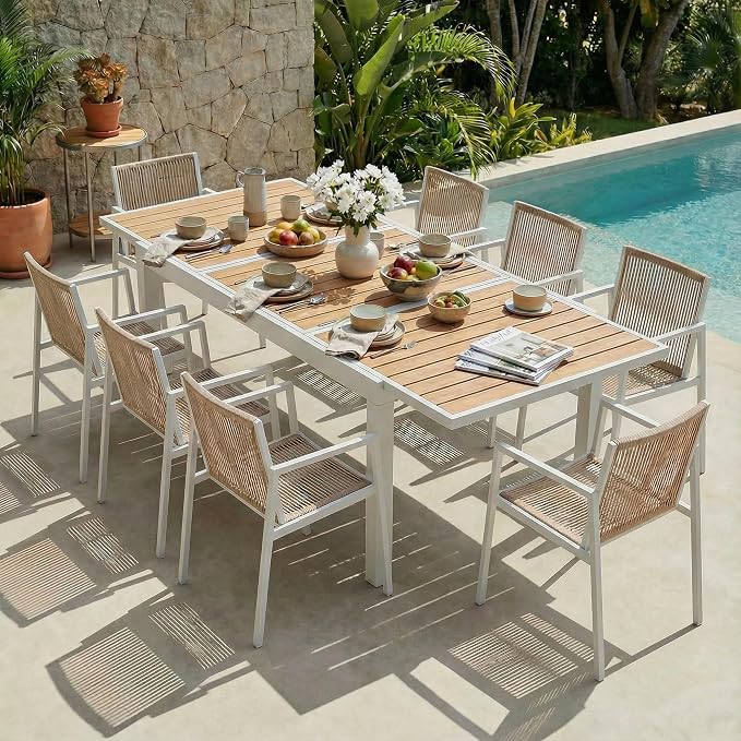 ZANDOR Expandable Outdoor Dining Set for 4-6-8,Patio Table and Chairs Set with Wood Top for Garden,Backyard,Porch,55"-82.7" Extendable Aluminum Outdoor Table Set with 8 Chairs,White