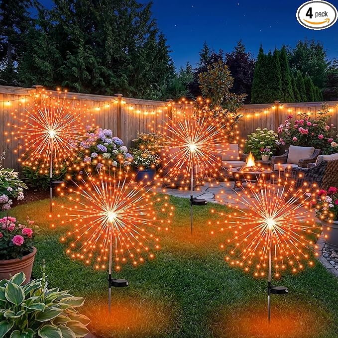 Tujoe 4 Pcs Christmas Solar Decoration Outdoor Orange Solar Firework Lights 180 LED 8 Modes Waterproof LED Stake Sparkler Decor for Holiday Walkway Pathway Garden Driveway Path Lawn Yard (Orange)