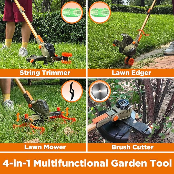 13" Electric Weed Wacker, 4 in 1 Cordless String Trimmer/Lawn Edger/Lawn Mower/Brush Cutter with Steel Gears, 2×21V 6.0Ah Batteries & Charger, 5.2 LBS Lightweight Grass Trimmer for Yard Garden