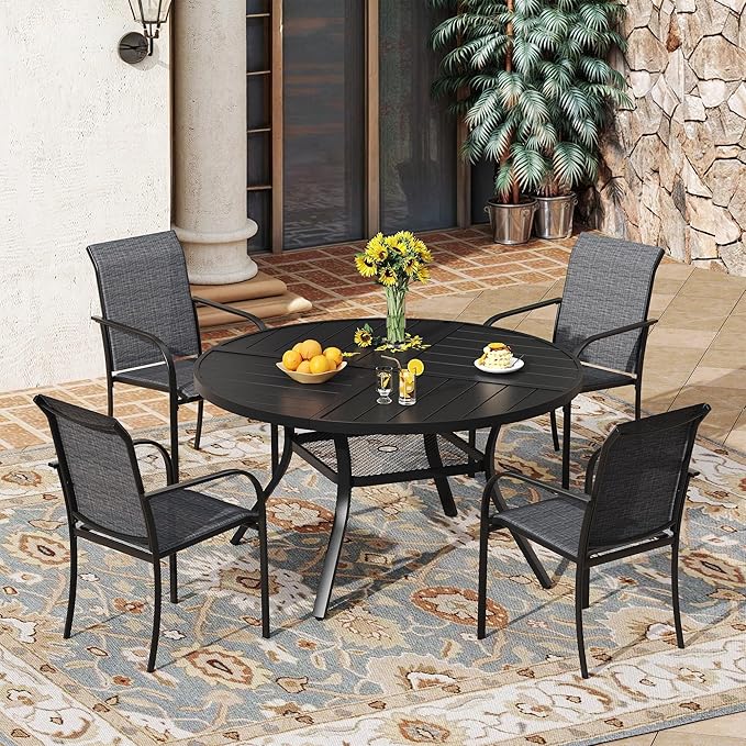 VICLLAX 5 Pieces Patio Outdoor Dining Set, 40.6" Round Metal Table with Umbrella Hole and Storage Shelf, 4 Stackable Textilene Chairs for Patio, Porch, Lawn, Garden, Black/Grey