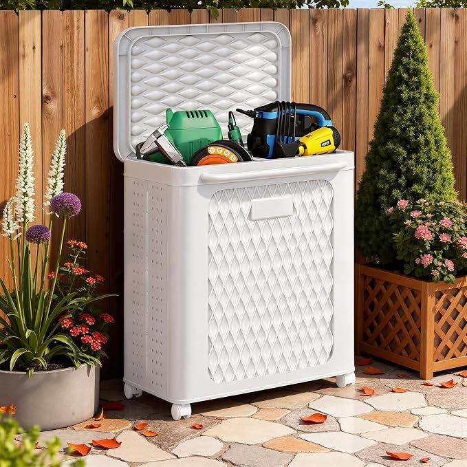 VECELO Deck Box, Outdoor Storage Box with Wheels and Lid, Waterproof Storage Bin for Package Delivery for Patio Furniture, Garden Tools, Pool Supplies, Foldable, White, 19.3" x 13.8" x 25.0"